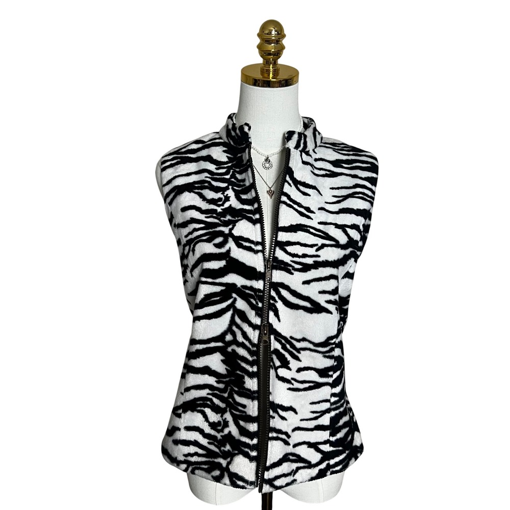 Jordan Womens Zebra Print Fleece Vest Black White Mock Neck Sleeveless Zip Up M
